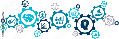 Consulting vector illustration. Blue concept with icons on analyst / consultant / specialist service & advice, decision - making help, coaching & management support, ideas & solutions, improvement.