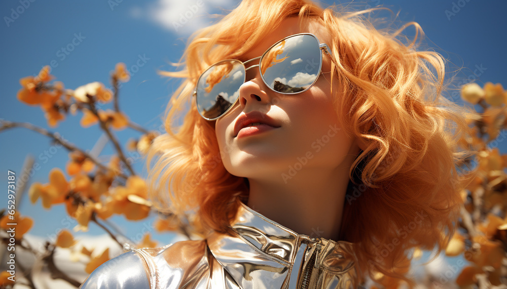 A beautiful blonde woman in sunglasses, radiating elegance and happiness generated by AI A beautiful blonde woman in sunglasses, radiating elegance and happiness generated by AI