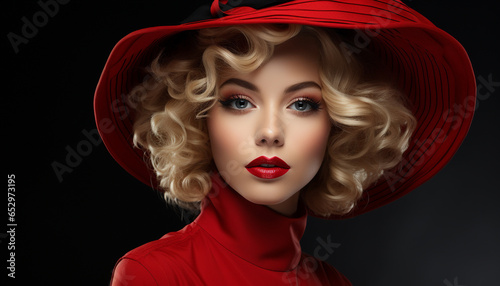 Beautiful fashion model with blond curly hair, looking at camera generated by AI © grgroup