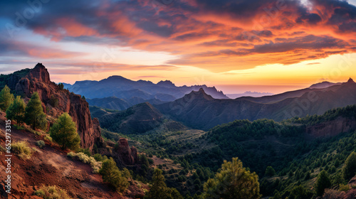 Panoramic view of Roque Nublo sacred mountain at sunset. ai generative