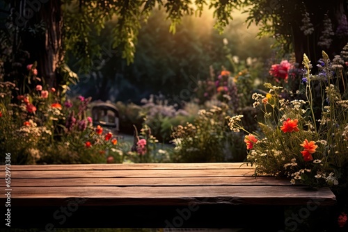 a wooden table, outdoors overlooking a garden and flowers Generative AI