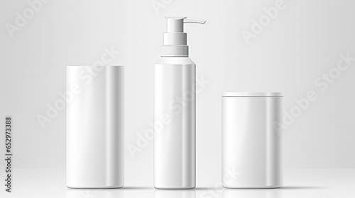 Set blank templates of empty and clean white plastic containers: bottles with spray, dispenser and dropper, cream jar, tube. Realistic mock-up of cosmetic package.