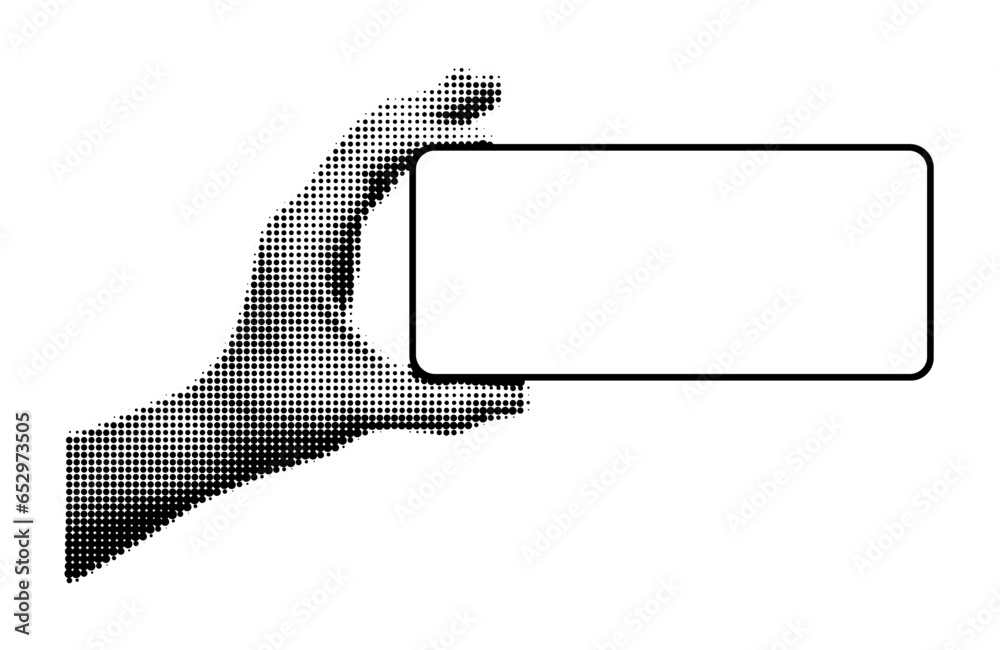 Halftone hand holding smartphone with blank screen horizontally. Hand gesture, mock up phone template for presentation, sale, promotion. Vector illustration isolated on transparent background - obrazy, fototapety, plakaty 