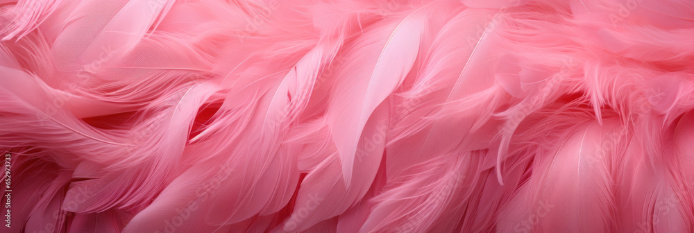 Beautiful colorful background of pink flamingo feathers, exotic tropical bird feather banner