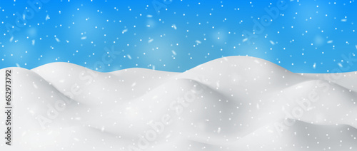 3D Winter Landscape with Snowdrifts and Snow. Render Christmas Snow Drifts on Blue Sky Background. Winter Snow Ground, Snowdrift Mound, Ice layer. Realistic Vector Illustration