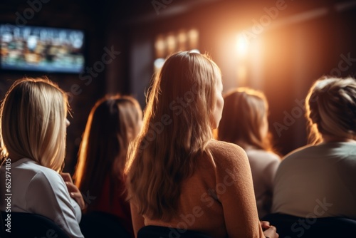 Diverse group backs of young people sitting outdoors man woman students listening speaker watching presentation conference cinema concert. Business education learning study entrepreneurship audience