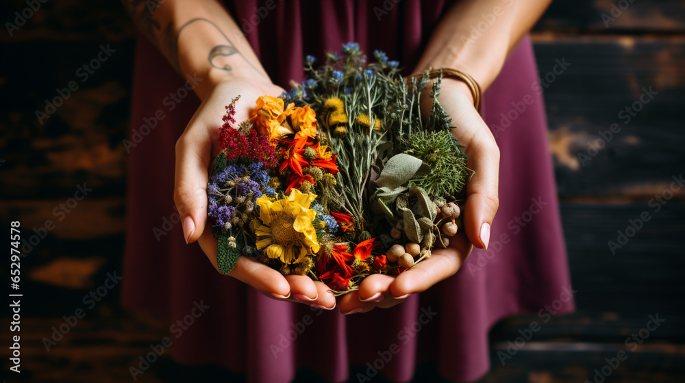 female hands holding a bunch of medicinal herbs. ai generative - obrazy, fototapety, plakaty 