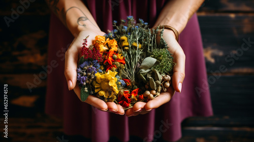 female hands holding a bunch of medicinal herbs. ai generative