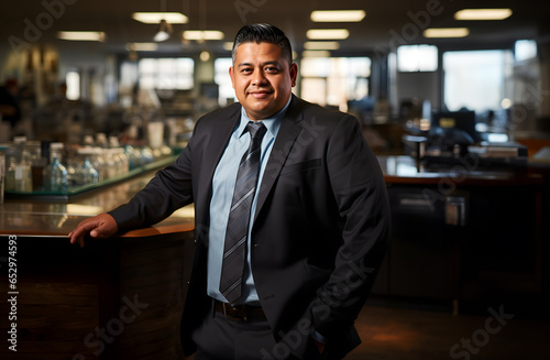 Plus-sized latin manager in a restaurant bar, medium shot, black suit, day, latino © Agustin A