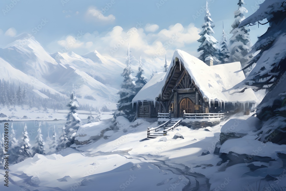A winter landscape with a snow-covered cabin, icicles, and a soft blanket of fresh snow