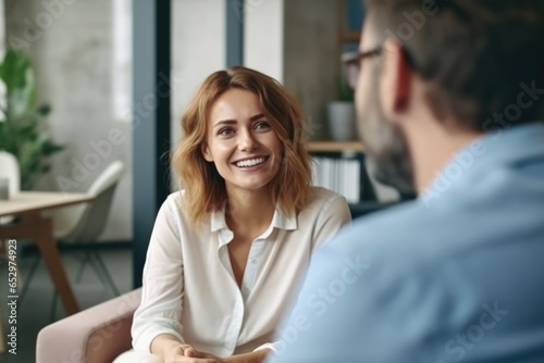 smiling psychologist with notebook and patient at psychotherapy session. AI Generated