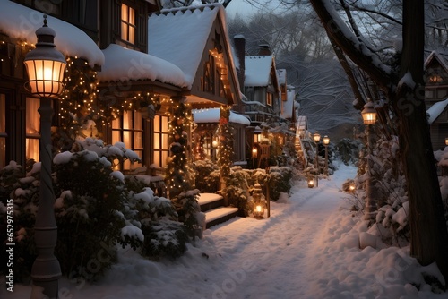 A snow-covered pathway lined with lanterns leading to a cozy cottage