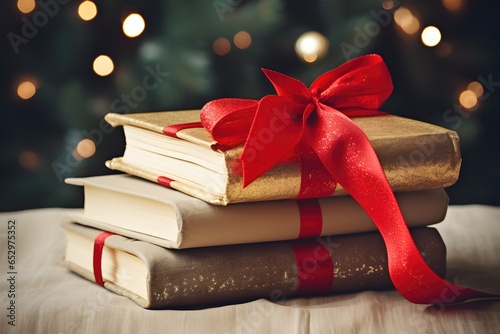 A stack of festive books with a red ribbon and a knitted blanket, christmas atmosphere photo