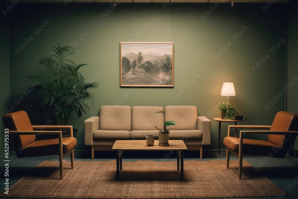 custom made wallpaper toronto digitalEmpty chair and sofa in front of small table in office of psychologist. AI Generated