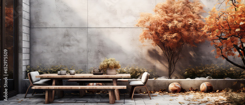 Fall, autumn patio of suburban house. Luxury exterior design scene. Villa Backyard terrace in the sunny day with couches and lounge chairs. Vacation, relax, wellness spa resort, hotel. Generative ai