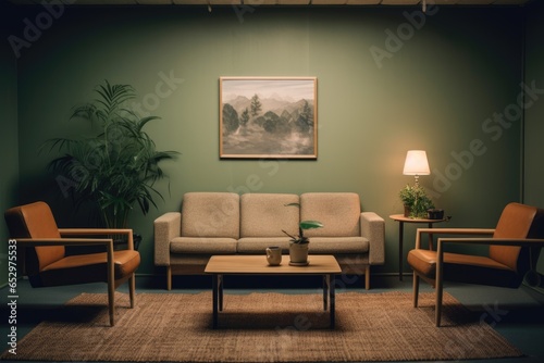 Empty chair and sofa in front of small table in office of psychologist. AI Generated