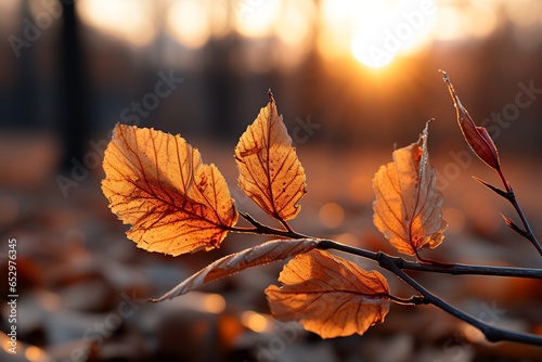 Golden leaves in autumn at sunset. Generated with AI