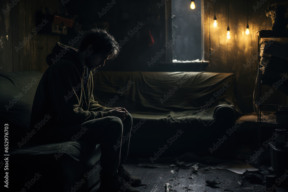 A person sitting alone in a dimly lit room, highlighting the loneliness and isolation that can lead to mental health challenges. Generative Ai. A person sitting alone in a dimly lit room, highlighting the loneliness and isolation that can lead to mental health challenges. Generative Ai.