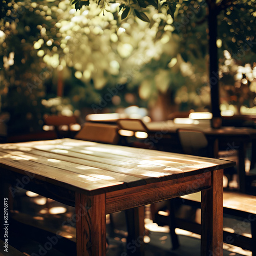 A Charming Wooden Dining Served Table Setting in Front of a Restaurant Summer Terrace Garden Outdoor Sidewalk Open Air Cafe or Pub  Backyard Party Under the Trees Retro Style Blurred Autumn Background