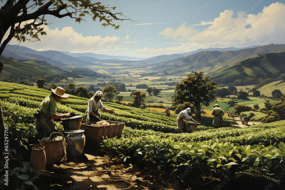 .workers gathering ceylon tea on green plantation - obrazy, fototapety, plakaty 