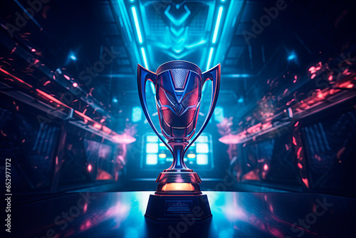  The esports winner trophy standing on the stage in the middle of the arena of the computer video game championship. Two rows of PCs for competing teams. Stylish neon lights with a cool design.