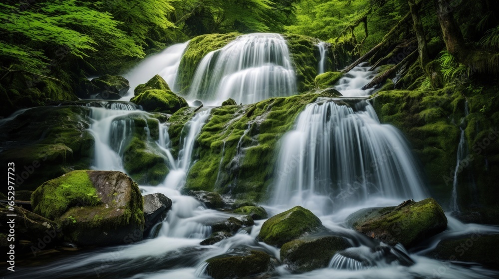 Obraz premium Photo of a serene waterfall nestled within a lush forest landscape. 300 DPI