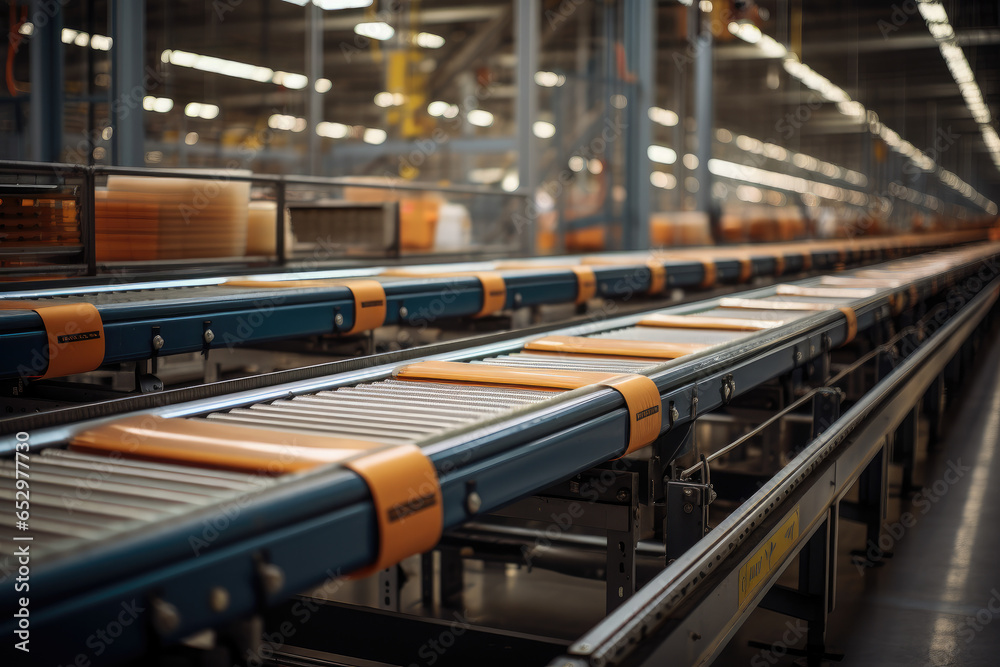 Automated conveyor belts transporting goods in a distribution center. Generative Ai. Automated conveyor belts transporting goods in a distribution center. Generative Ai.