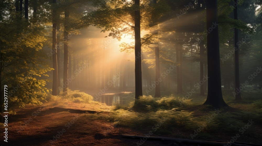 Photo of sunlight streaming through trees in a lush forest
