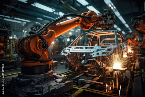 Industrial robots welding car chassis on an automotive assembly line. Generative Ai.