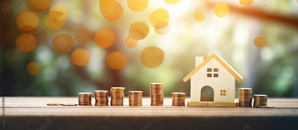 Saving funds for purchasing a house by creating a miniature home with coins on a wooden table against a backdrop of a tree and bokeh lights - obrazy, fototapety, plakaty 
