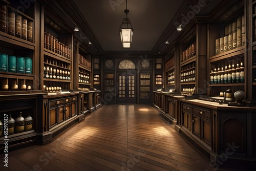 a spooky potion shop with shelves filled with mysterious elixirs, skulls, and enchanted objects photo