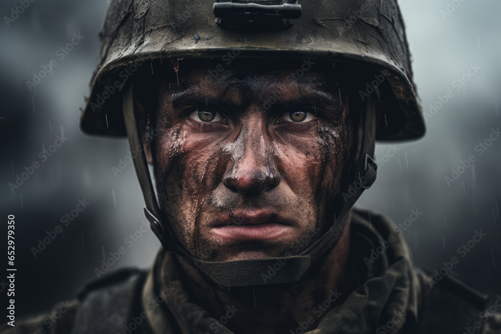Portrait of male soldier. Man in military uniform on the war. Depressed and having problems with mental health and emotions, PTSD, rehabilitation Portrait of male soldier. Man in military uniform on the war. Depressed and having problems with mental health and emotions, PTSD, rehabilitation