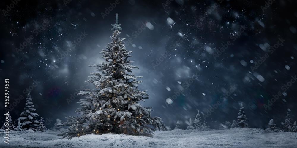 The snow covered Christmas tree contrasts with the dark blue backdrop | Generative AI