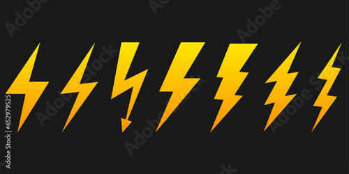Lightning icon set. Yellow lightning bolt vector icon. Electricity and power symbol.