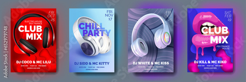 Set of Club posters with headphones, dance party, fluid design flyer, invitation, banner template, dj music event, colorful white, red, blue and pearl headphones and lips, vector illustration © MarySan