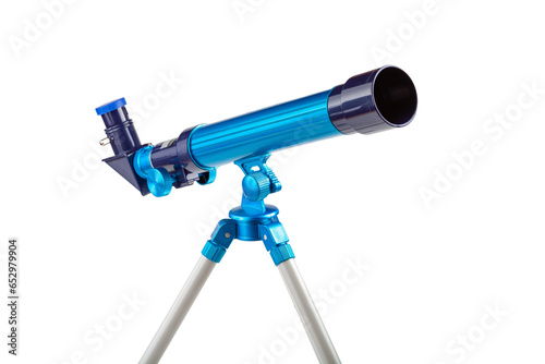 Fotografia, Obraz Simple blue toy telescope on a tripod, single object isolated on white background, closeup