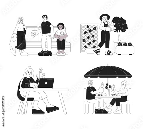 Senior lifestyle black and white cartoon flat illustration set. Retiree linear 2D characters isolated. Public transport etiquette. Elder activities, hobbies monochromatic scene vector image collection