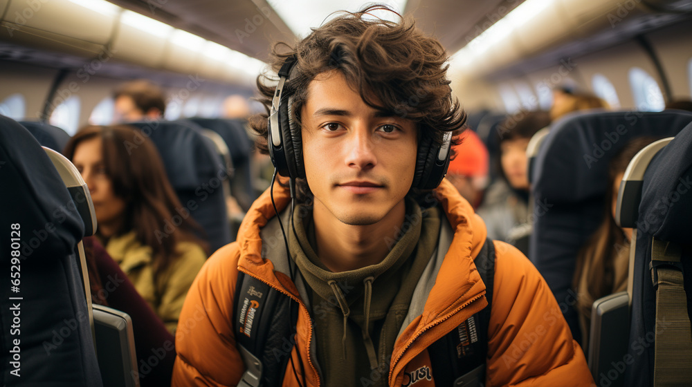 Young Male Student on Commercial Flight Listening to Music