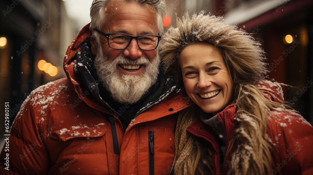 Happy mature couple enjoying snow in mountains