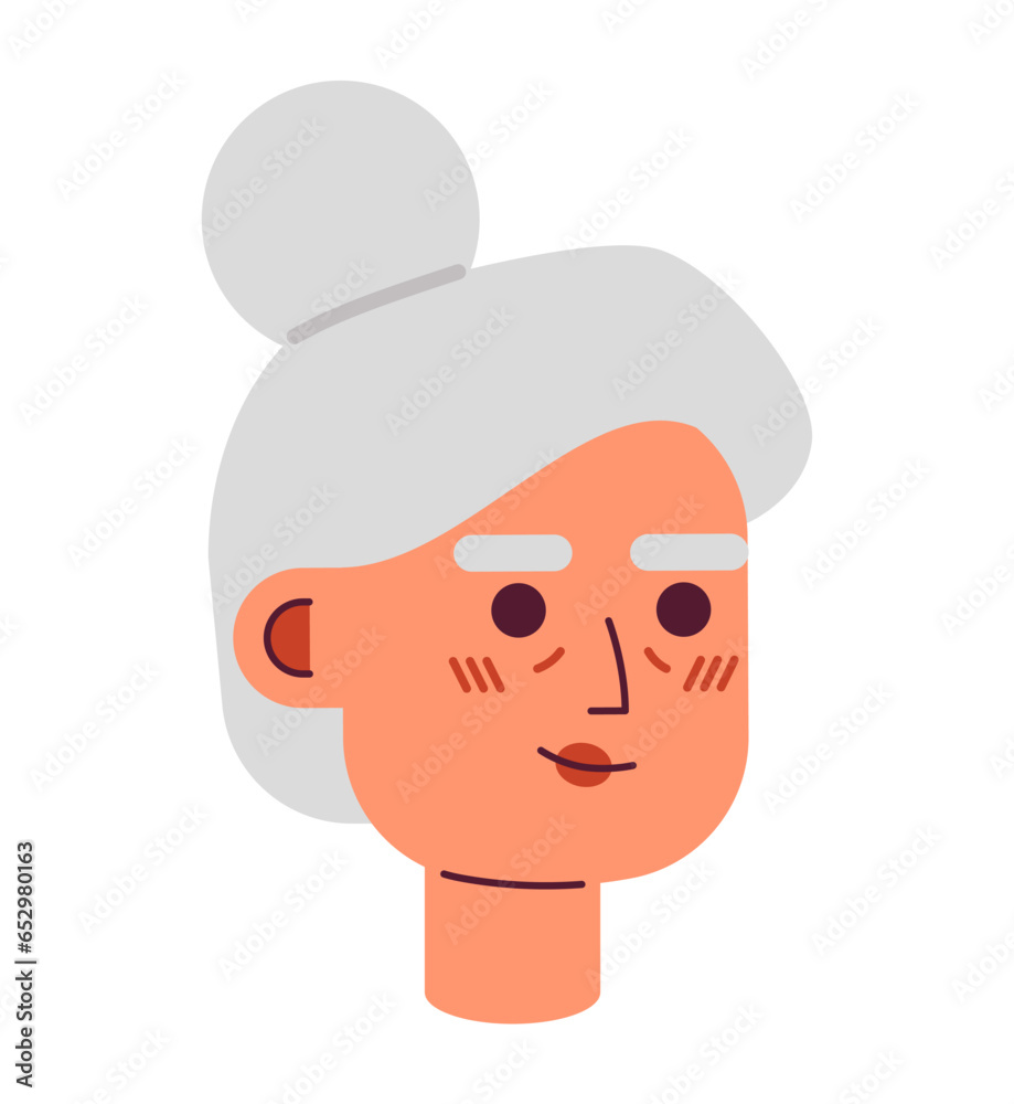 Grandma with updo hairstyle 2D vector avatar illustration. Senior citizen woman cartoon character face. Elderly female portrait. Middle-aged person flat color user profile image isolated on white Grandma with updo hairstyle 2D vector avatar illustration. Senior citizen woman cartoon character face. Elderly female portrait. Middle-aged person flat color user profile image isolated on white