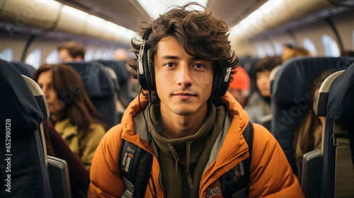 Young Male Student on Commercial Flight Listening to Music