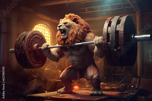 3d illustration of a lion lifting a barbell in a gym, Ai Generated