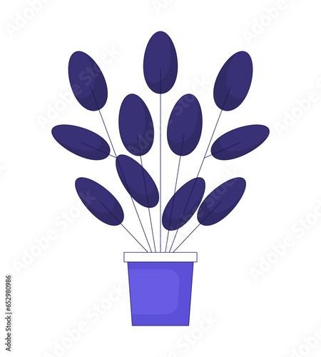 Round leaf houseplant 2D linear cartoon object. Pilea peperomioides potted plant isolated line vector element white background. Round tropical foliage. Chinese money plant color flat spot illustration