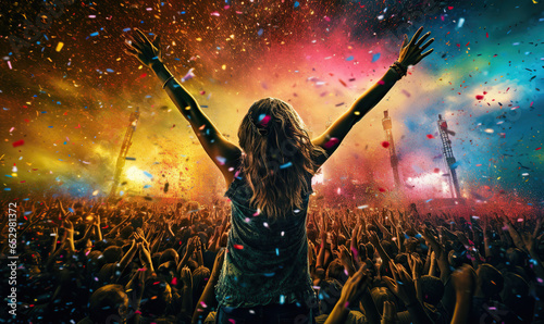 Music open air festival with dancing and cheering audience on fireworks light background. Happy party girl with hands up enjoy and celebrating evening concert.