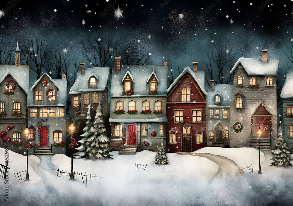 A winter village scene at night, illustration, Christmas, the Holidays