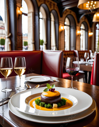 a gourmet menue on a noble restaurant table like michelin star cuisine - generative ai photo