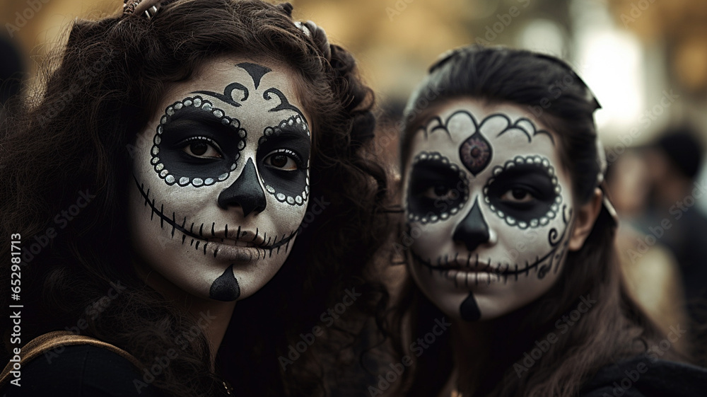 two girls celebrating halloween with sugar skull makeup two girls celebrating halloween with sugar skull makeup
