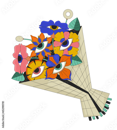 Groovy eyeball flowers bouquet 2D linear illustration concept. Boho 70s creepy floral arrangement cartoon object isolated on white. Trippy flowers metaphor abstract flat vector outline graphic