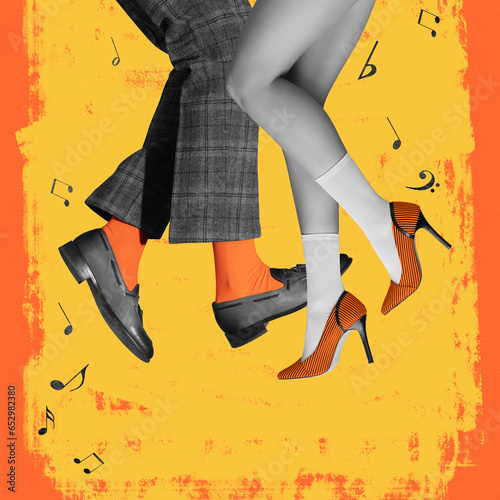 Art collage. Male and female legs in shoes and heels over yellow background,. Party time. Retro fashion. Concept of retro dance, vintage, hobby, creativity and inspiration. Colorful design. Poster, ad photo