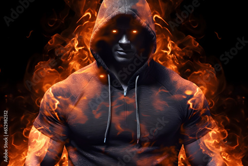 Man in hoodie with hood on his head in fire on black background, Ai Generated